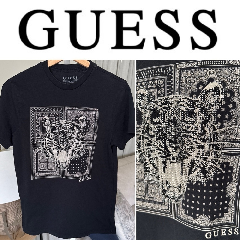 GUESS RHINESTONE TIGER PAISLEY BLACK T-SHIRT 100% Cotton UNISEX SMALL